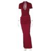 Women's Deep V-Neck Short-Sleeved Solid Color Pleated Long Dress