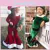 Festive Christmas Kids Girls Plush Flared Pants Suit With Santa Hat Tree Hat
