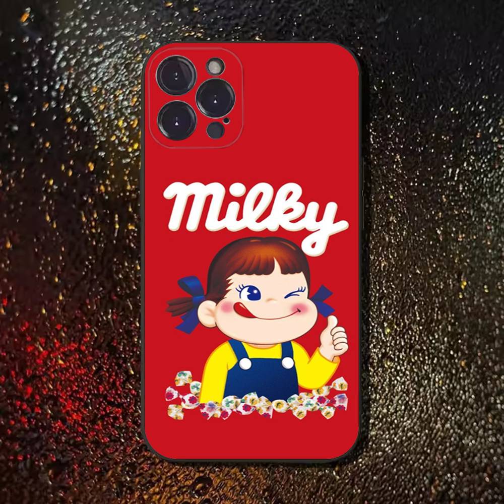 Fujiya Milky Peko-Chan Phone Case For iPhone 17,16,15,14,13,12,11 Plus,Pro Max,XS,X,XR,SE,Mini,8,7,Soft Silicone Black Cover