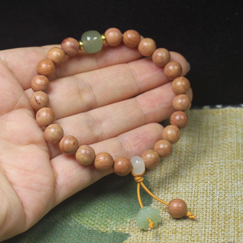 8mm Red Cypress Wood Bracelet with Green Lotus Pendant Women Jewelry