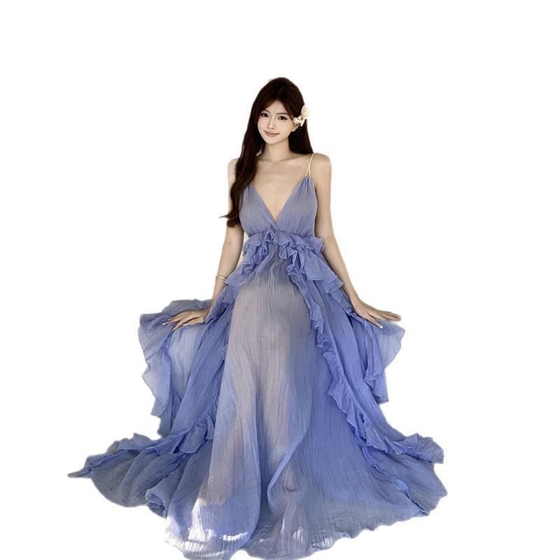 Seaside Vacation Dress Women's Summer New Celebrity Temperament Neck Halter, Blue Long Skirt