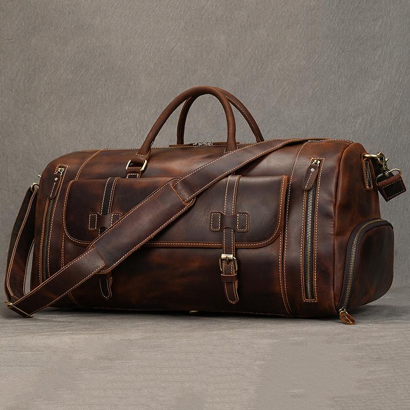 Vintage Fashion Handbags For Men Genuine Leather Travel Duffles Travelling Shoulder Bag Cowskin Hand Luggage Bags Large Duffle