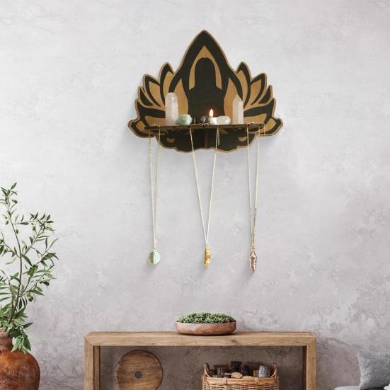 Meditation Lotus Faux Crystal Shelf Wooden Candle Holder Stone Display Wall Floating