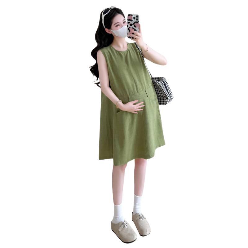 Maternity Mori Style Linen Sleeveless Dress – Loose Fit for Petite Pregnant Women