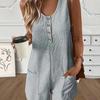 Button-down Front with Pocket Jumpsuit, Summer Casual Solid-color Sleeveless Jumpsuit