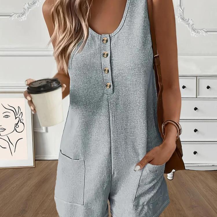 Button-down Front with Pocket Jumpsuit, Summer Casual Solid-color Sleeveless Jumpsuit