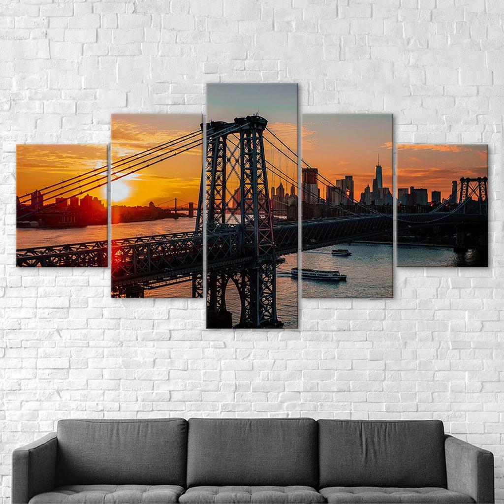 Williamsburg Bridge Brooklyn New York Sunset View 5 Piece Five Panel Wall Canvas Print Modern Art Poster Picture Home Decor Gift For Him Her