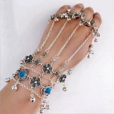Fashion Women Boho Retro Flower Bell Slave Chain Hand Harness Finger Rings Bracelet