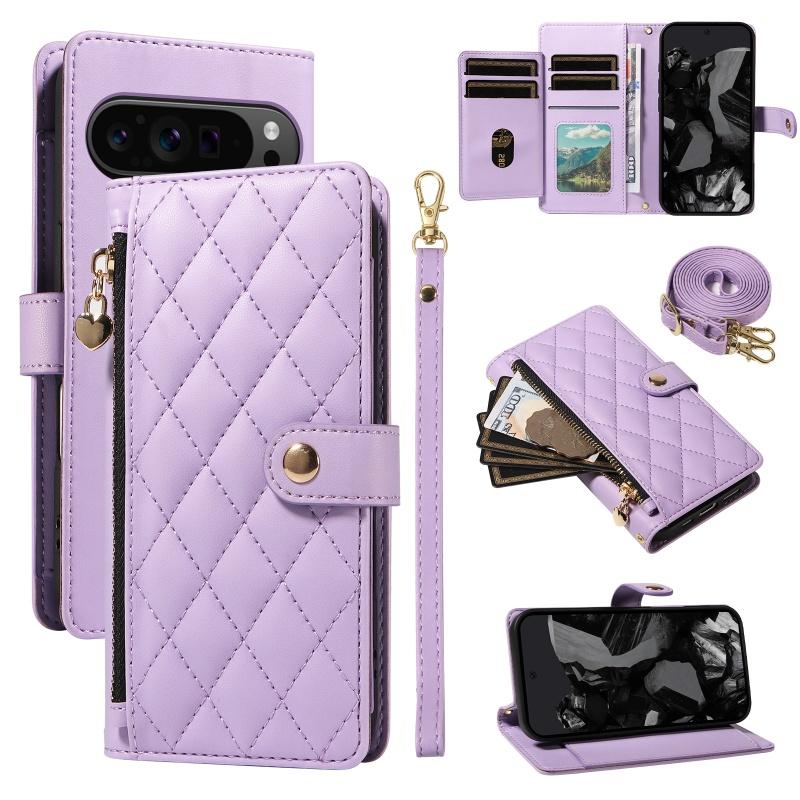 Long Lanyard Leather Zipper Flip Purse Phone Case For Google Pixel 10 Pro XL 9 9A 8 8A 7A 7 6A Wrist Strap Wallet Card Cover Bag