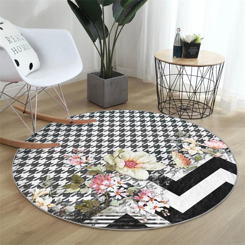 Sicksack Rund Matta Randig Golvmatta Blomma Halkfri Cirkelmatta Prästkrage Halkfri Matta Fjäril Svarta Mattor för Vardagsrum