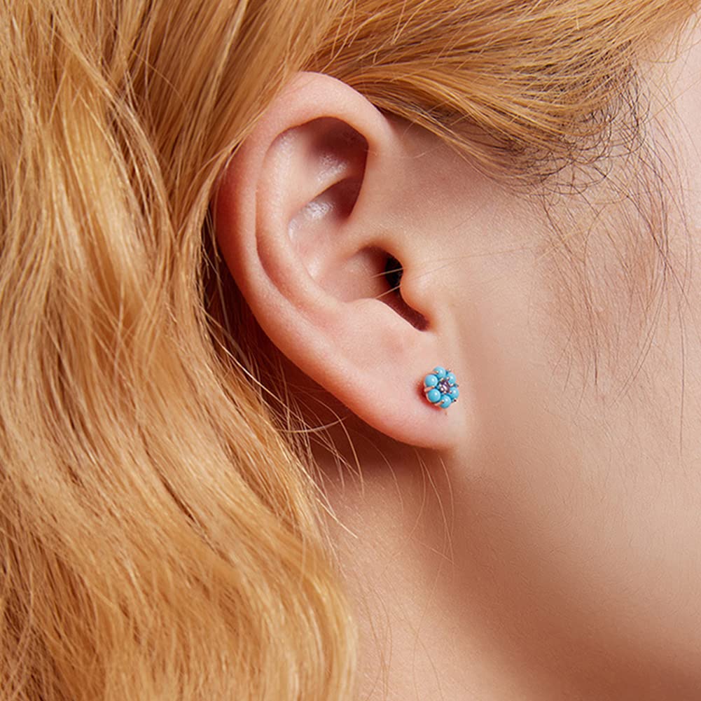 Rockyu Earrings for Simple and 925 Turquoise Second Turquoise Accessories Women, Beautiful, Silver, Small, Earrings, Earrings, Flowers, Zirconia,