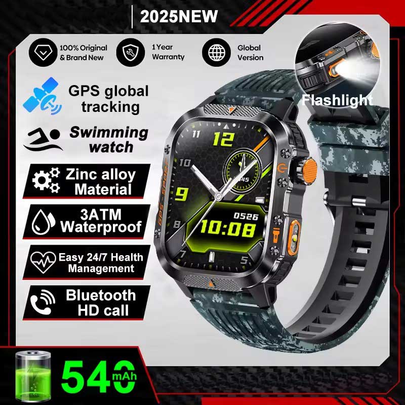 Vojenské chytré hodinky s vestavěným GPS, kompasem, výškoměrem, vodotěsností 3ATM IP69K, AMOLED displejem, Bluetooth voláním, 2,01" chytré hodinky pro Android a iOS