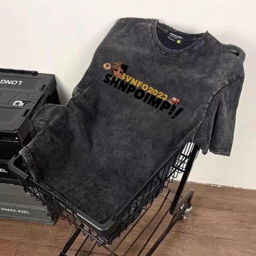 Herren-T-Shirt im amerikanischen Retro-Stil aus gewaschener Baumwolle mit kurzen Ärmeln