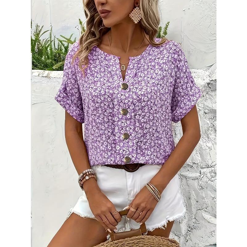 Summer Printed Women's T-shirt Elegant Floral Buttons Short Sleeve Loose Casual T-shirts Women Fashion Vintage Office Ladies Pullover Tee Tops New