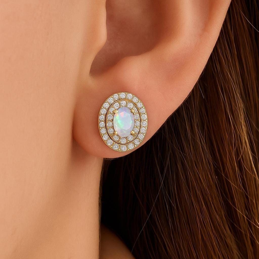 

Natural White Opal Gemstone Halo Style Stud Earring, AAA Multifire Opal Gemstone Stud Earring, October Birthstone Earrings, Handmade Gift
