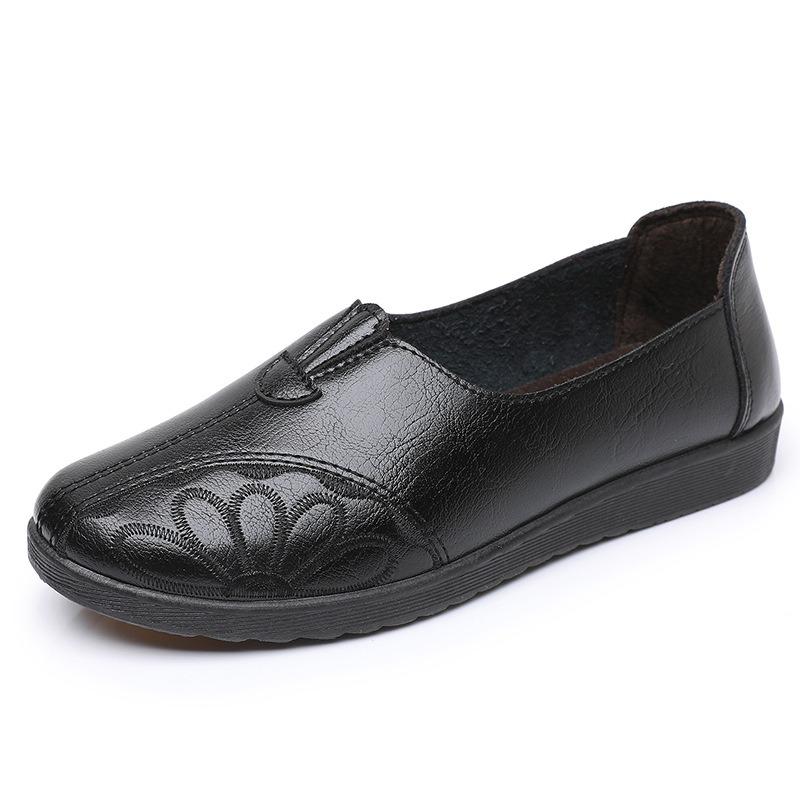 Spring and Autumn Shoes, Single Shoes with Soft Soles, Comfortable and Lightweight Middle-aged and Old Women's Shoes, Flat-soled Elderly Leather Shoes