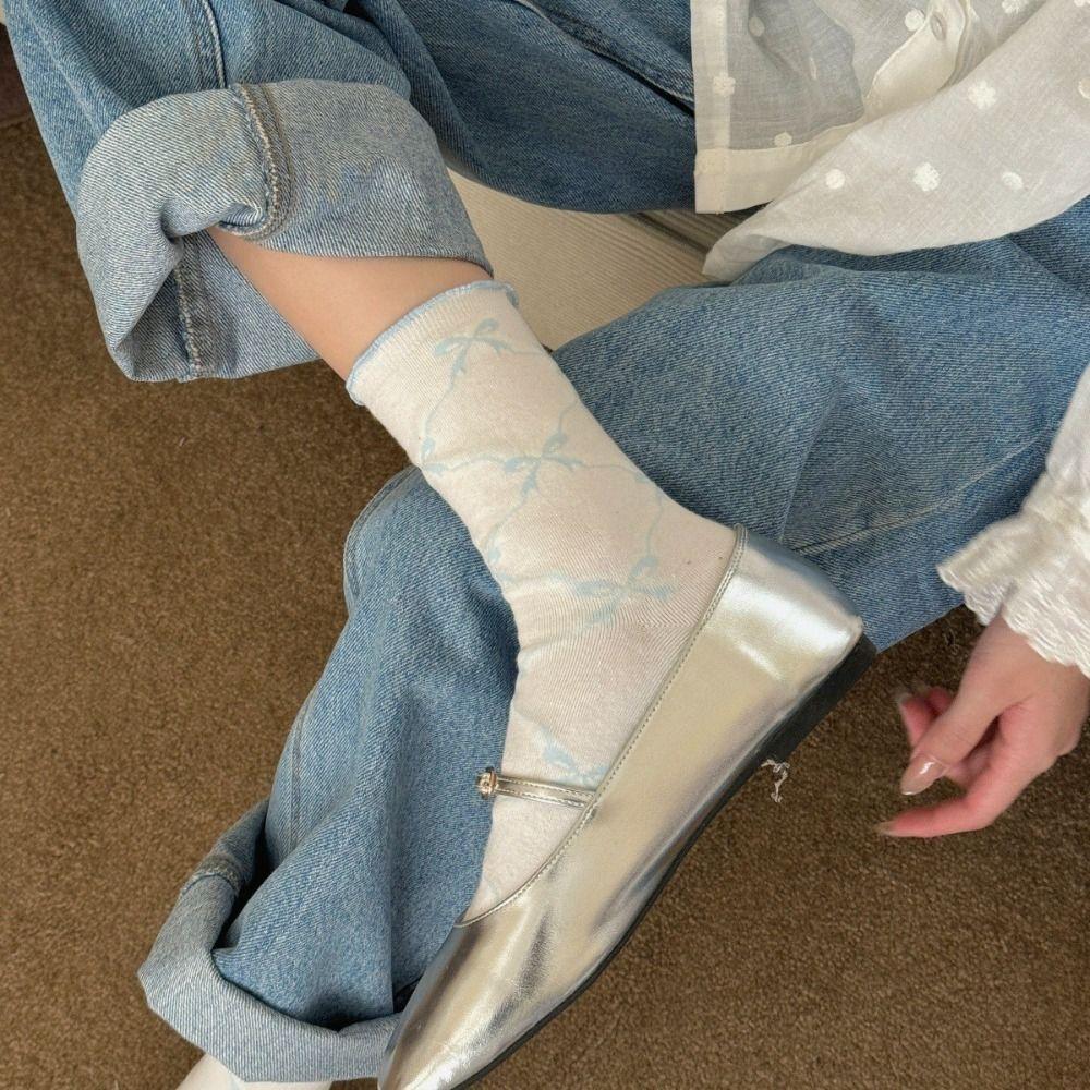 5Pairs Fashion Thin Cotton Ruffle Bow Socks Breathable Ins Style Mid Tube Socks Female Hosiery Lolita Sweet Socks Women Lady
