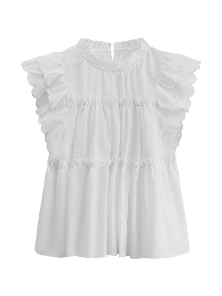 Splicing Ruffled White Shirt with Women's Summer Pleated Design Flying Sleeve Shirt Loose Top