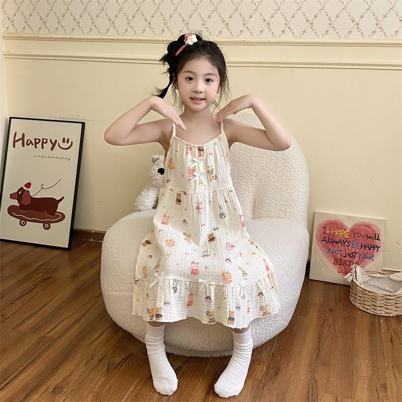 Girls Cotton Gauze Sleeveless Nightdress Loose Pajama Dress Kids 8 Years Cartoon Print