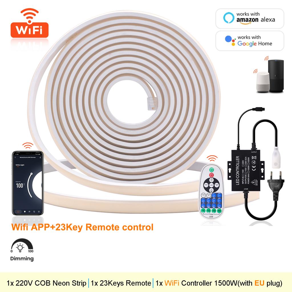 220V COB LED Strip IP67 Waterproof 288LEDs/M Wall Touch Remote WiFi Bluetooth Dimmable Neon Rope Light Warm/Natural/White Light