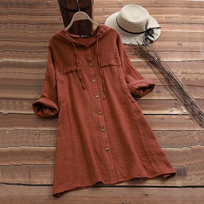 Autumn Spring Blouse Women Drawstring Cotton Linen Solid Color Hat Loose Hooded Long-sleeved Cardigan Shirt Jacket Skirt