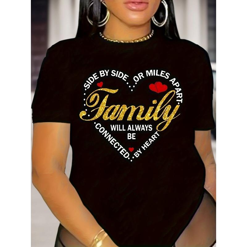 

Women s Casual Black Crew Neck Glitter T-Shirt Golden Family Love Print Short Sleeve Top 4XL