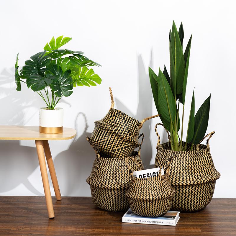 Retro Wicker Woven Seagrass Belly Baskets Planter Pot Foldable Straw Laundry Toys Sundries Organizer Baskets Home Boho Decor