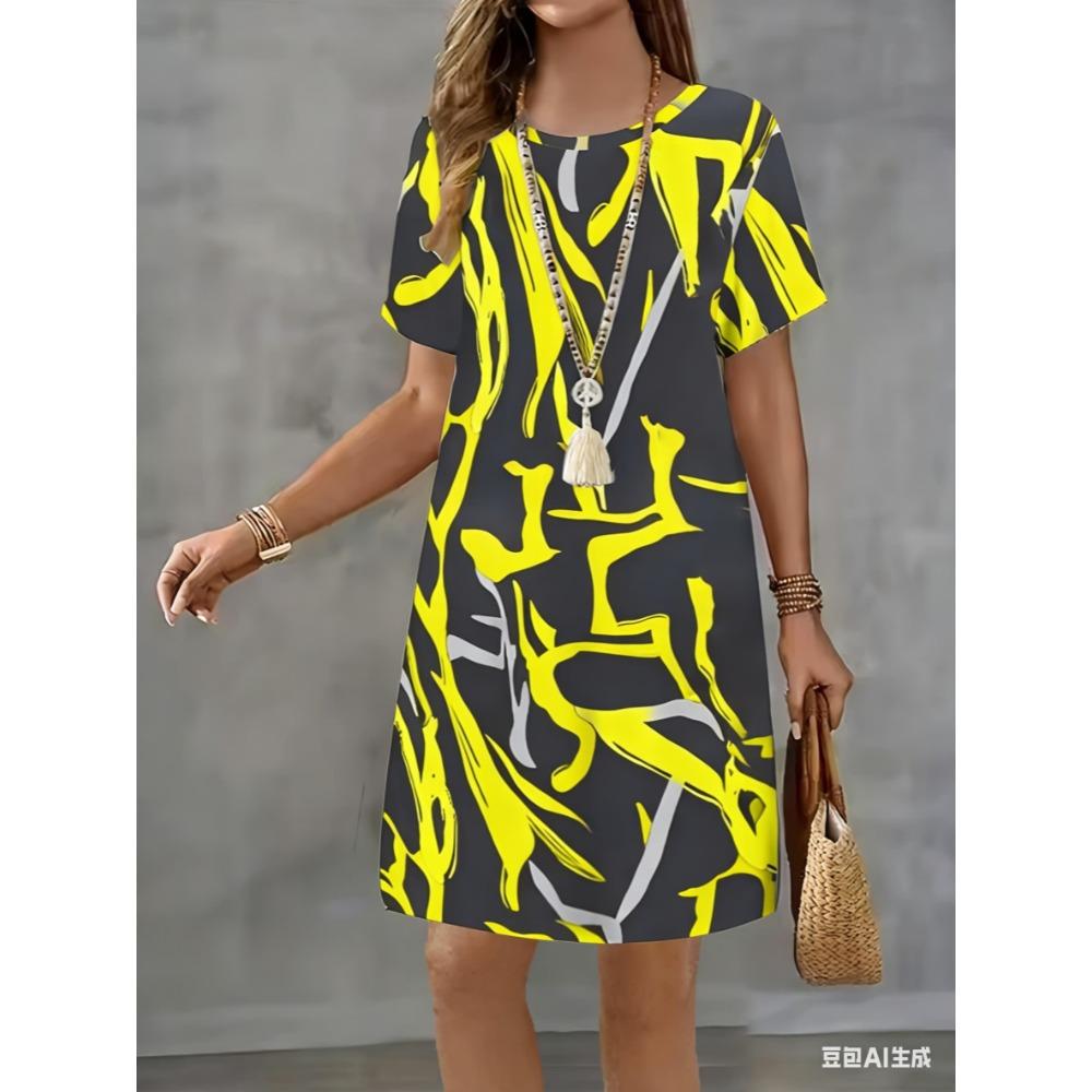 Artistic stripe print dress - Summer women's casual short-sleeved mini skirt