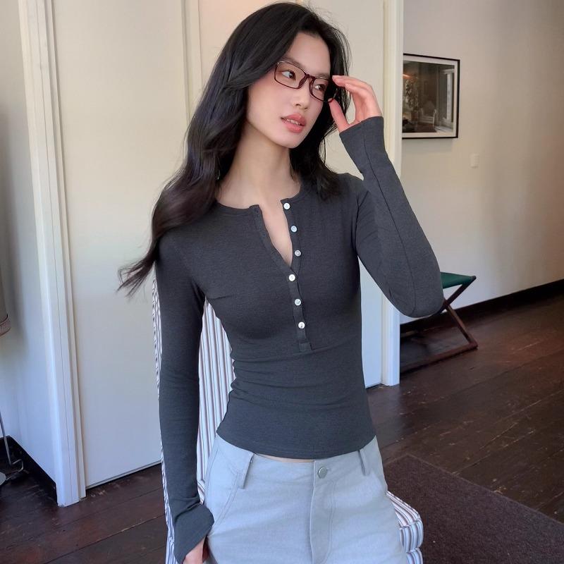 Apricot Henley Long Sleeve T-shirt Women's Slim Fit Bottoming Shirt Autumn New Early Autumn T-shirt