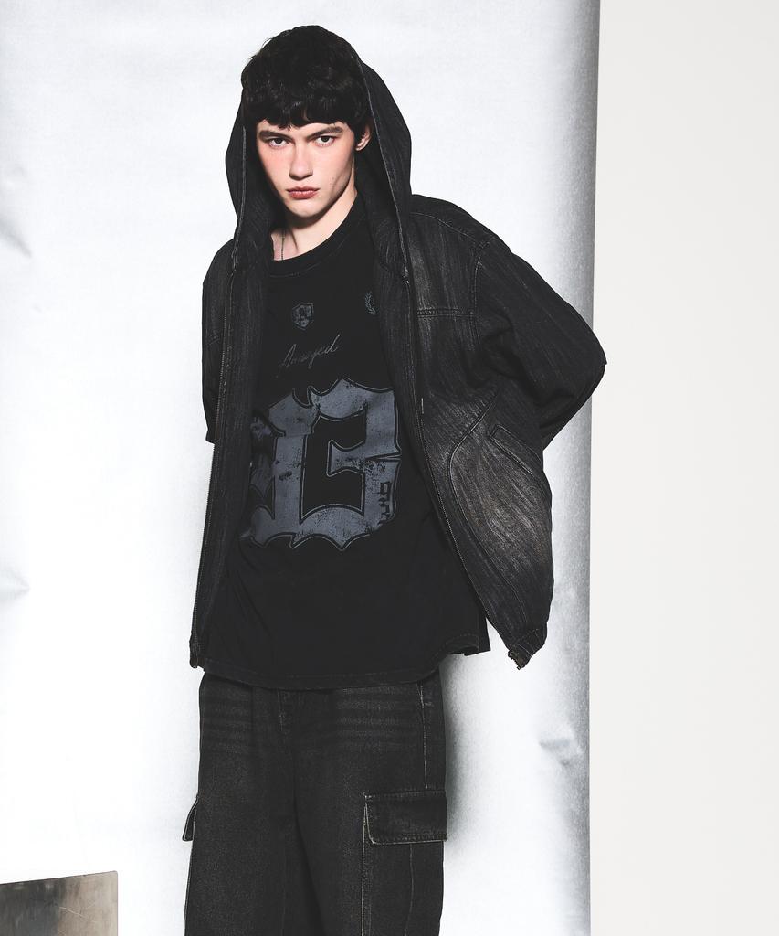 Annoyed Cut Brushed Denim Zip-Up Hoodie Lq1Ju032_Black