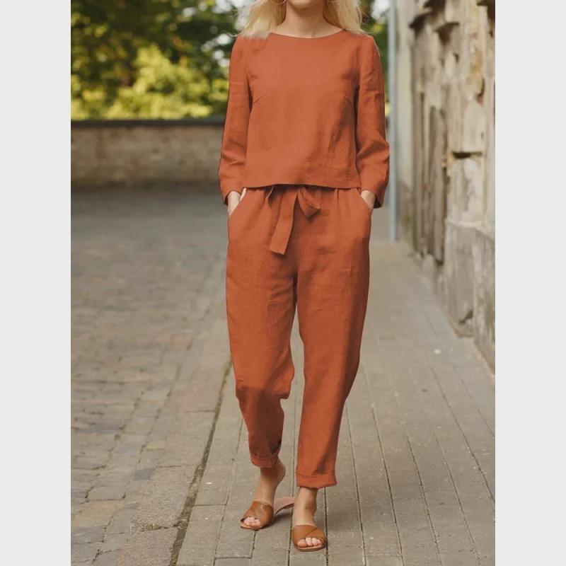 2024 Women's Autumn Solid Color Casual Tops and Pants Sets