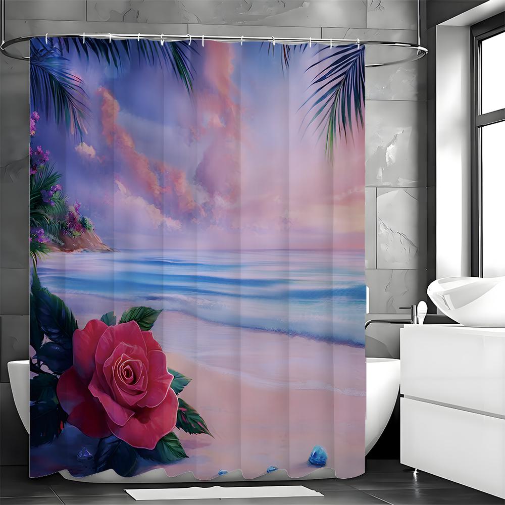 Purple Ocean Beach Romantic Rose Shower Curtain, Bathroom Decorative Shower Curtain, Waterproof Shower Curtain with Hooks