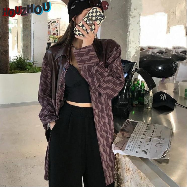 

Осень Женщины Харадзюку Куртка Свободные Причинно-следственные корейские Ins Designer Винтажная кожаная куртка Оверсайз Клетчатый принт Пэчворк Нагрудный пуловер Девушки Топы