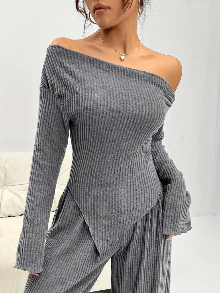 Elegant One-Shoulder Solid Color Two-Piece Set with Irregular Long Sleeve & Wide-Leg Pants for Women