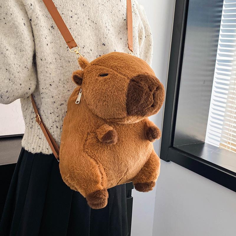 Adorable Capybara Backpack with Leash Fluffy Capybara Stuffed Animals Doll Backpacks Leash Casual Bag for Kids Girls Women