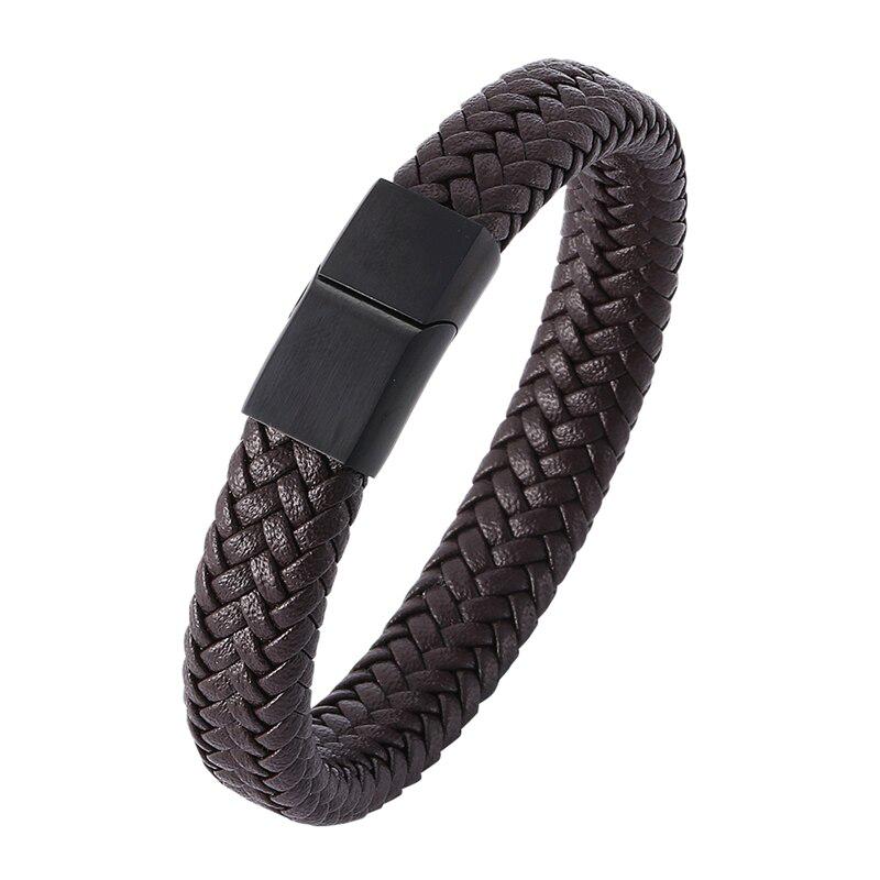 Punk Armbånd Menn Flettet Lærarmbånd Svart Stålspenne Armbånd Mote Armbånd Pulsera Hombre