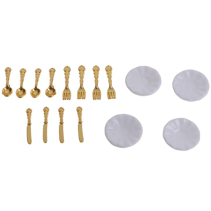 12Pcs/Set Vintage Dollhouse Miniatures Tableware Ceramic Plate Knife Fork Spoon
