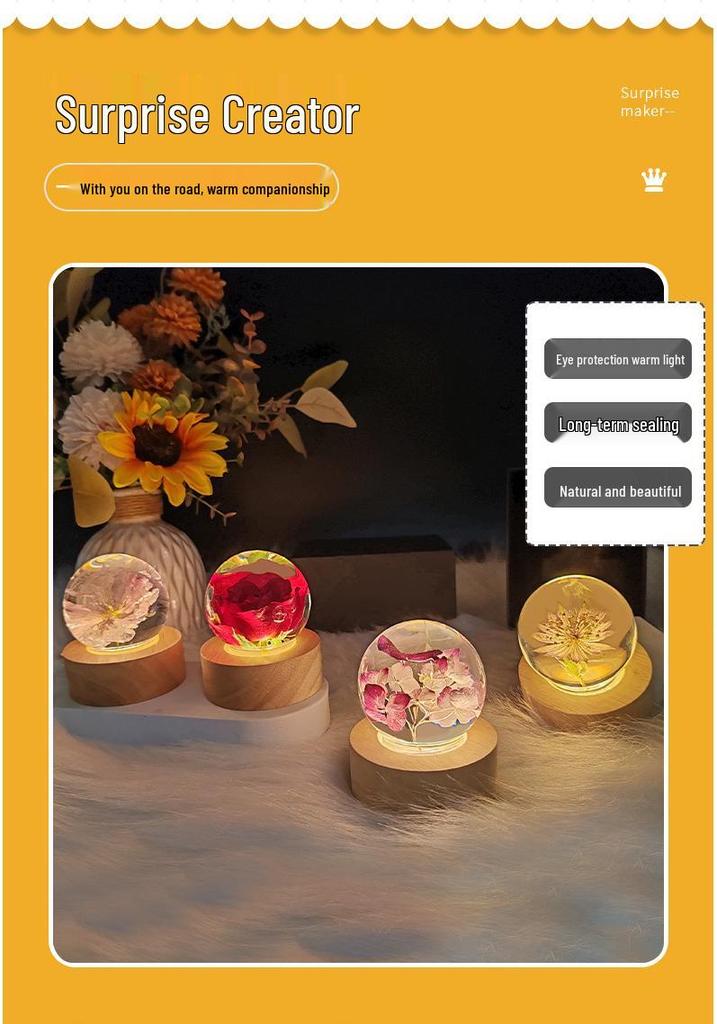 Touch Dimmable Crystal Ball Lamp with Creative Resin Flowers for Mid-Autumn Festival