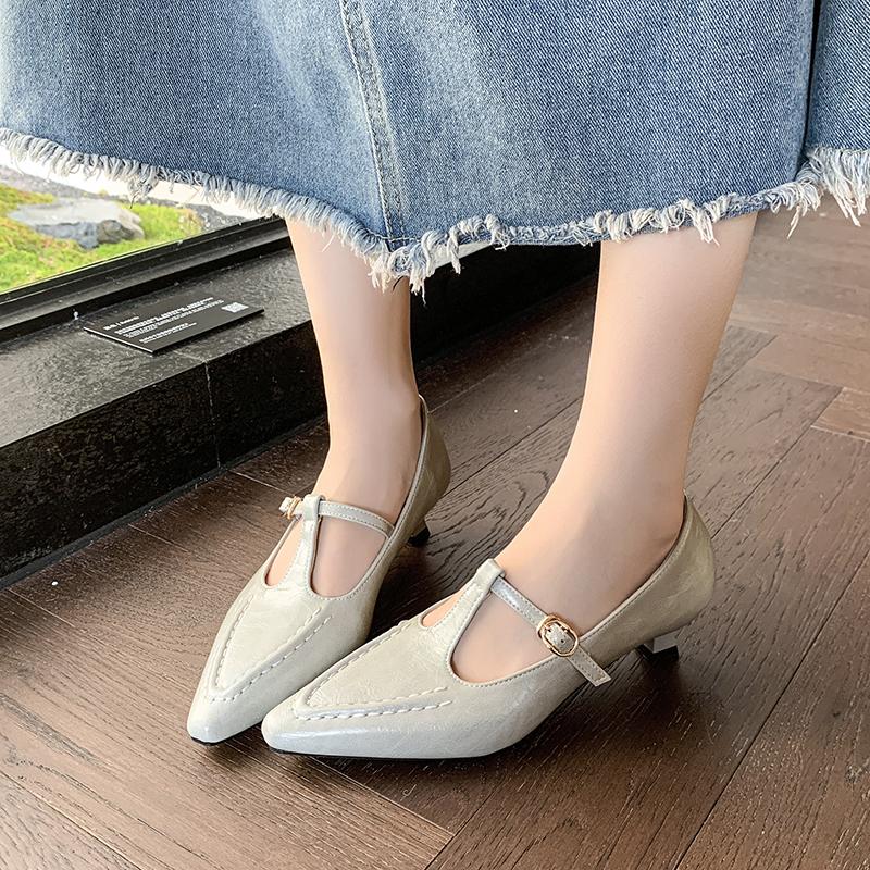 Fashion Elegant Pointed Toe Mary Jane Shoes Women's Spring Autumn New Style Thin Medium Heel Leatherette Single Shoes Buckle Strap