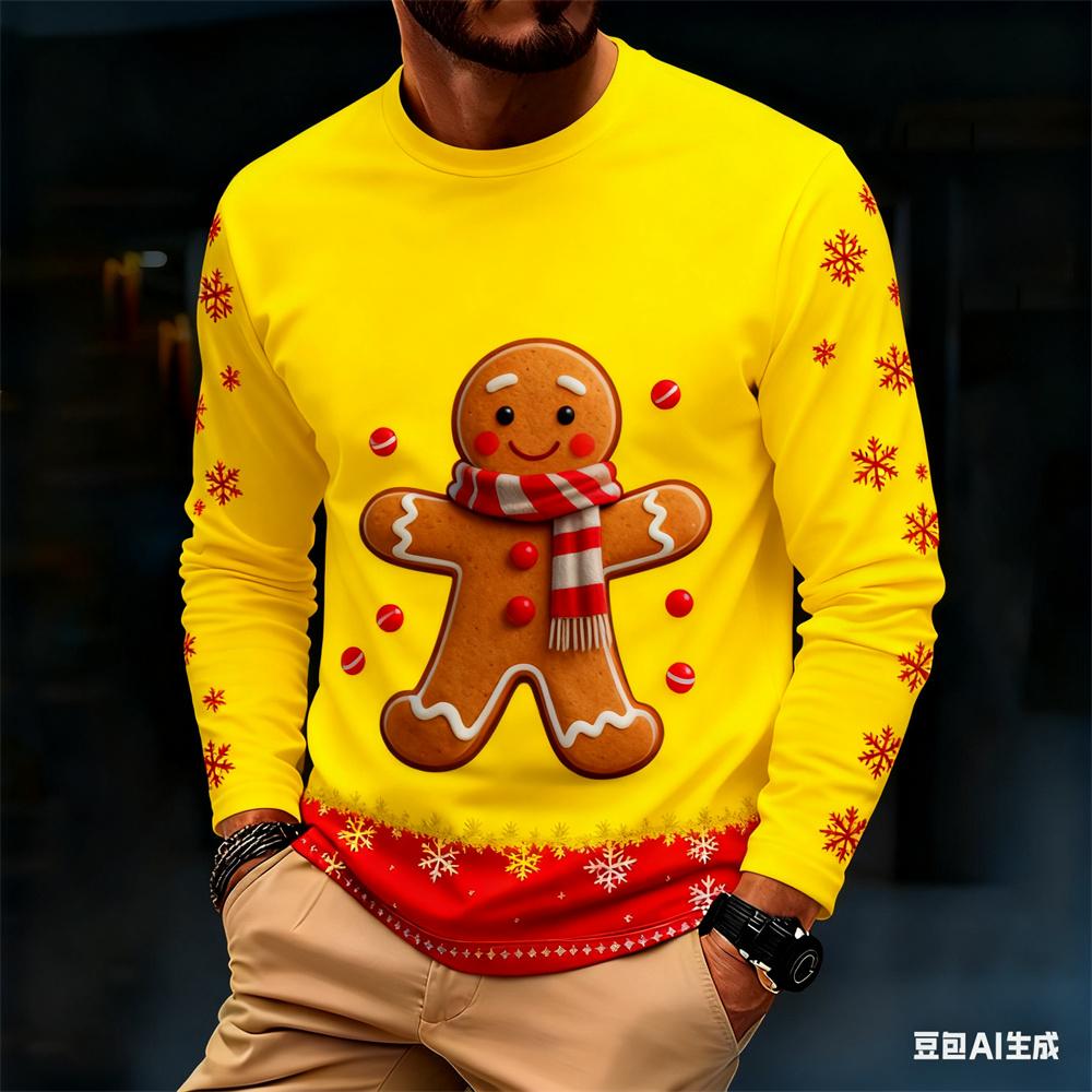Fashionable Harajuku-style Christmas men's long-sleeve T-shirt, autumn casual round-neck loose top, fun Santa Claus design