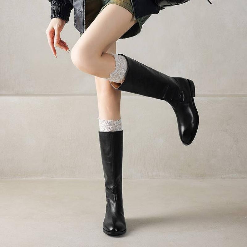 Autumn and winter women's leather knight boots middle heel square heel large size cowhide women's boots sleeve new versatile high boots women