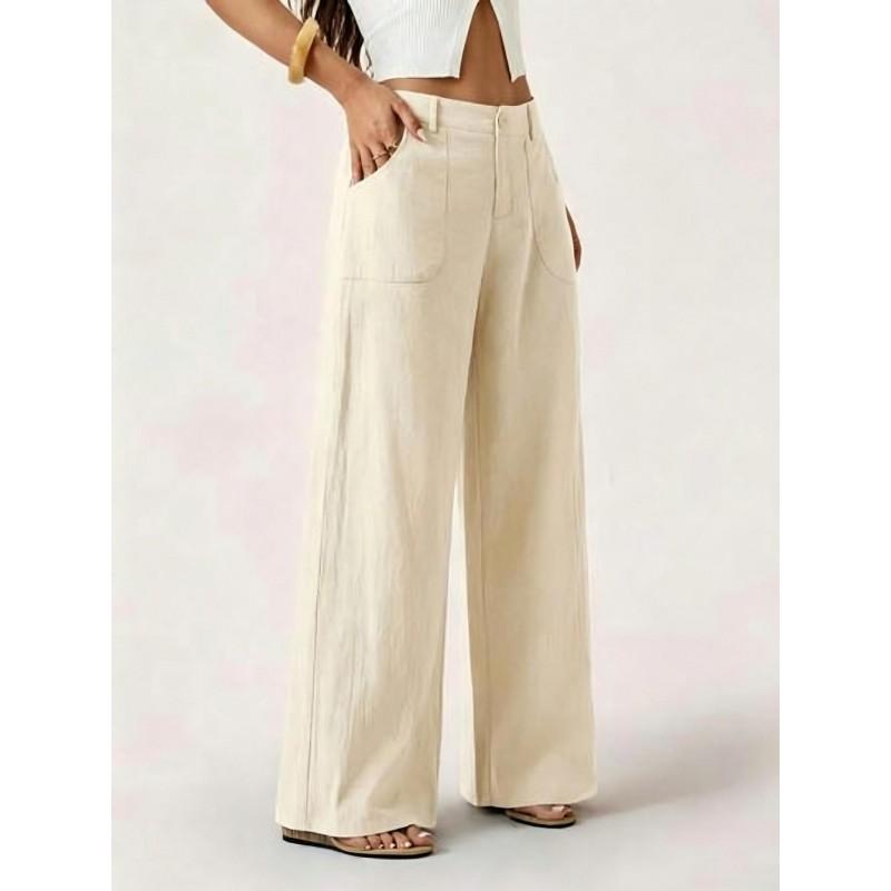 Womens Solid Cotton Linen Wide Leg Pants Casual Loose Fit Trousers With Pockets