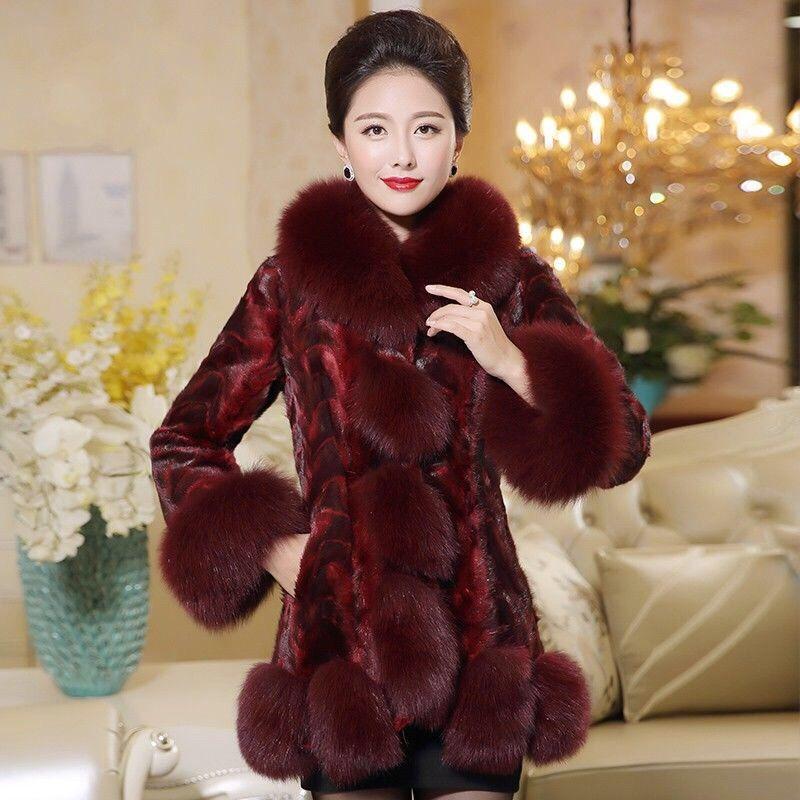 

Утолщенная зимняя шуба из искусственной норки с воротником из меха лисы и куртка для женщин L