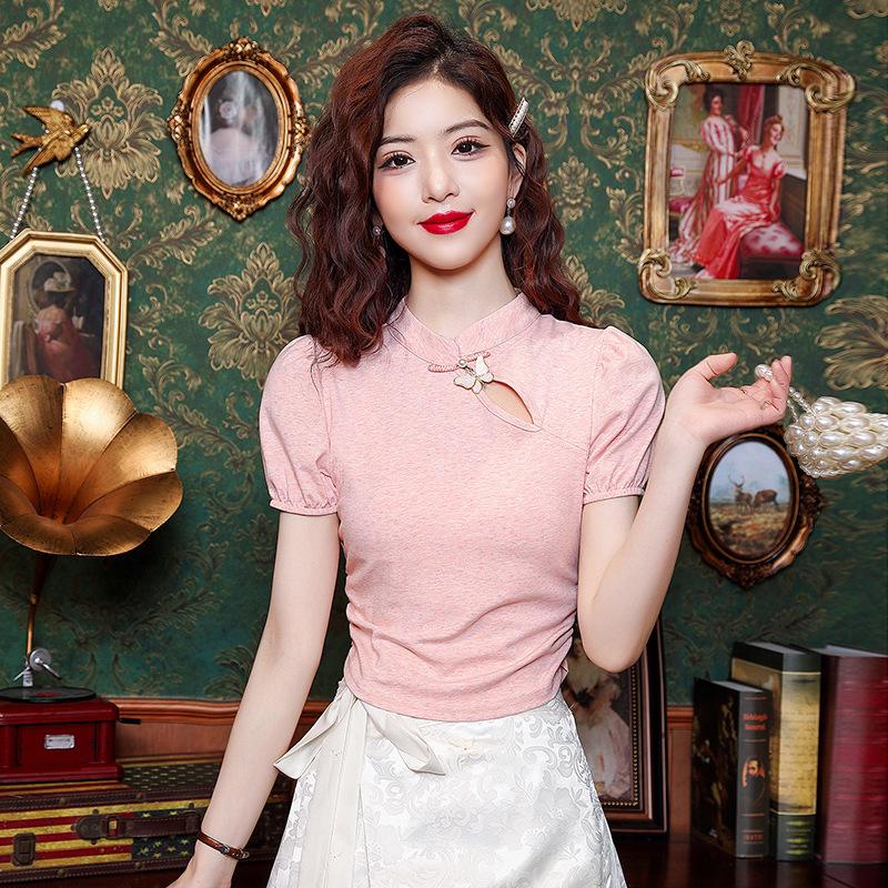 

Plate Button Knit Short-sleeved T-shirt Women s Summer Waisted Hollowed Positive Shoulder Tops L