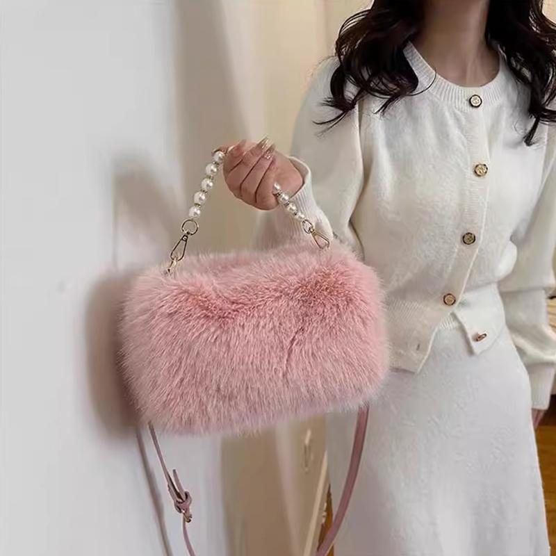 Yogodlns Winter Fashion Women's Faux Fur Shoulder Bags Candy Color Pearl Handle Crossbody Bag Small Fluffy Female Pillow Handbags