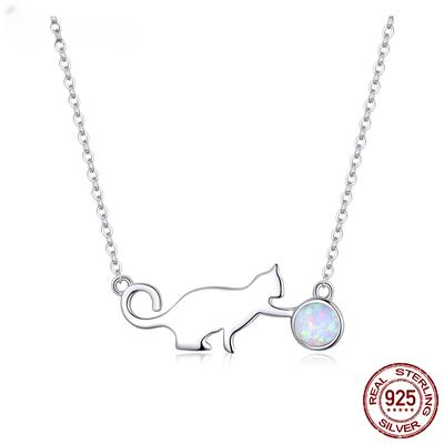 S925 Sterling Silver Cute Cat Playing Ball Pendant Necklace Opal Link Chain for Women Girls Gift Jewelry