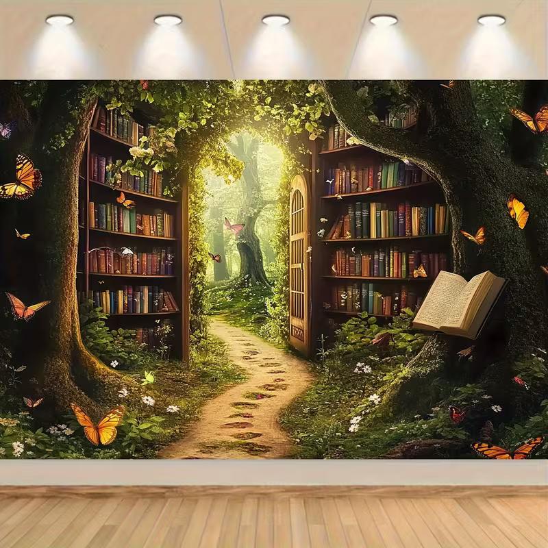 2D Whimsical Book & Butterfly Forest Photography Background