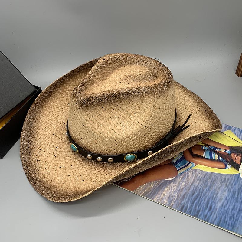 Ветровая Рафия Ручная Работа Полая Камень Отпуск Тень Ковбойская Шляпа Соломенная Шляпа M（56-58cm）