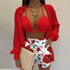 Sexy Floral Print Three Piece Beachwear Set with Bikini Top, Shorts, and Cover-Up Shirt