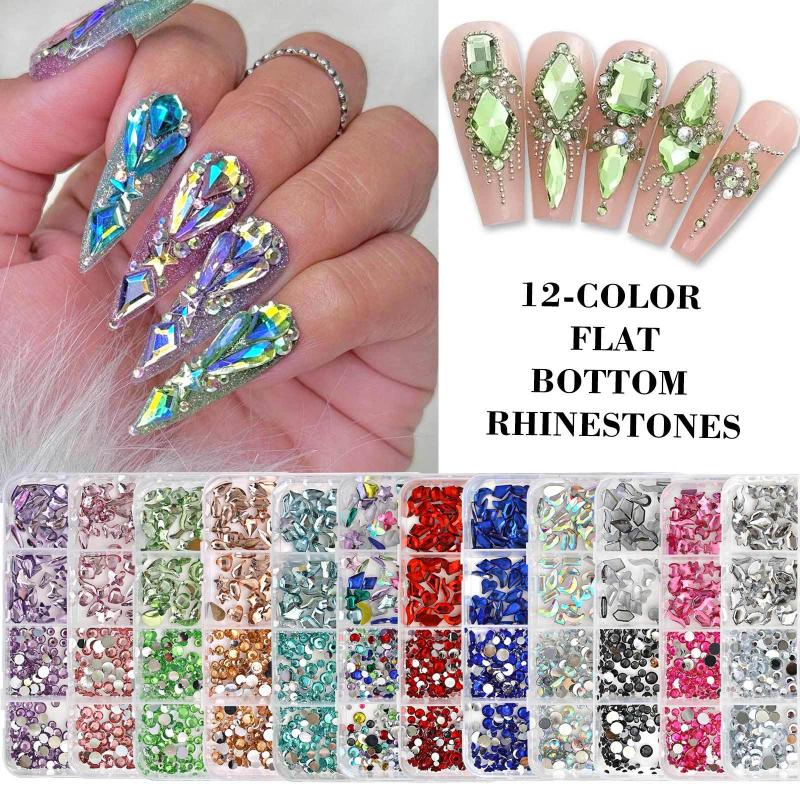 12 Grids Flat Bottom Mixed Nail Diamond 12 Color Nail Rhinestone Shiny Colorful Nail Gems Glass Stones Nail Charm